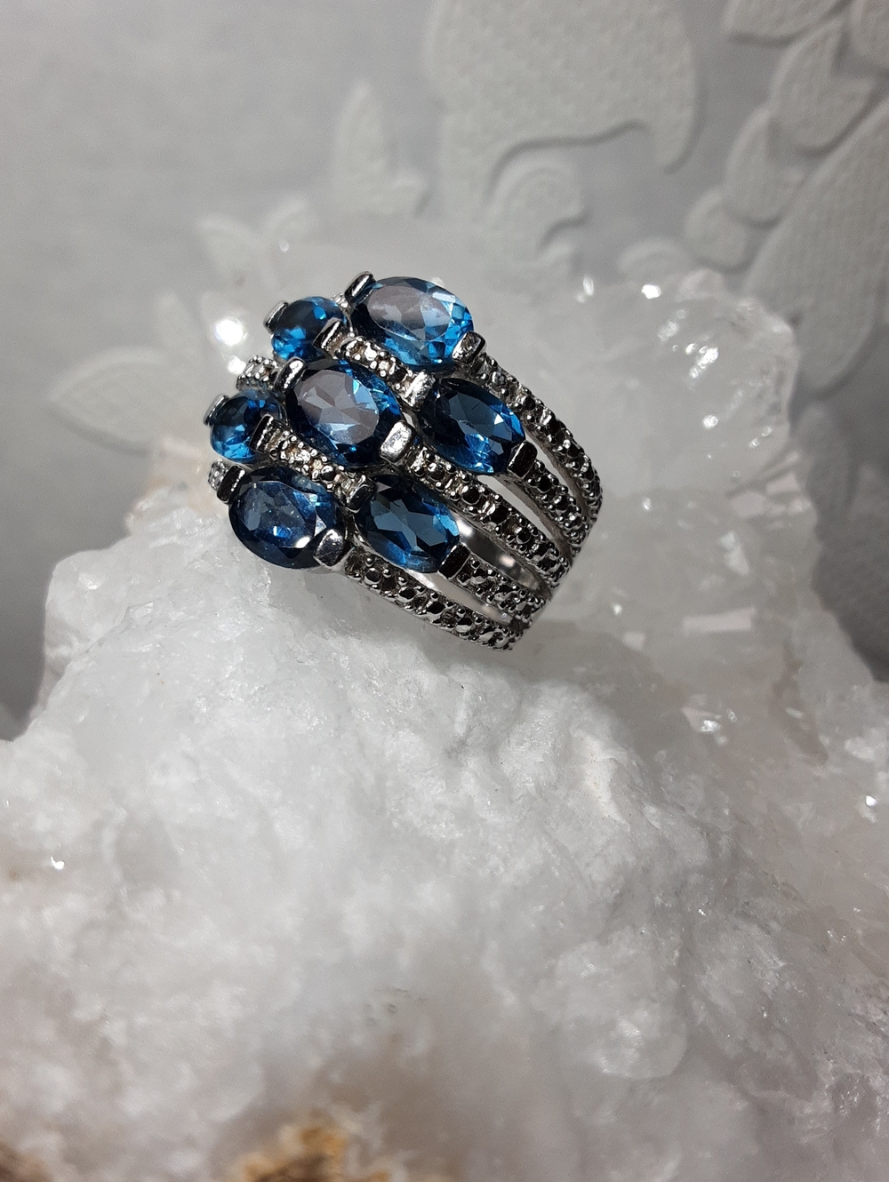 925, London Blue Topaz, White Zircon Ring.